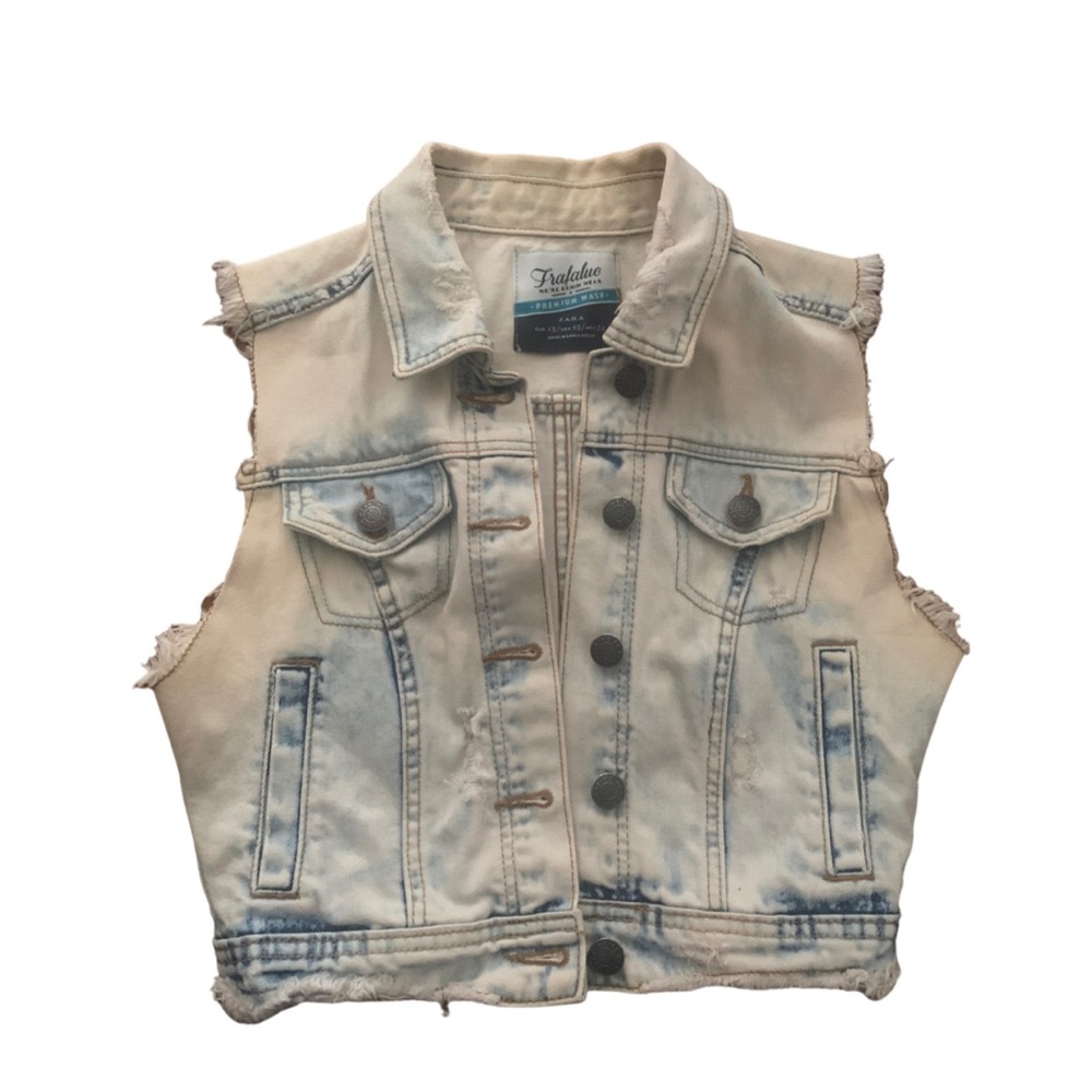 Distressed denim jean crop vest jacket